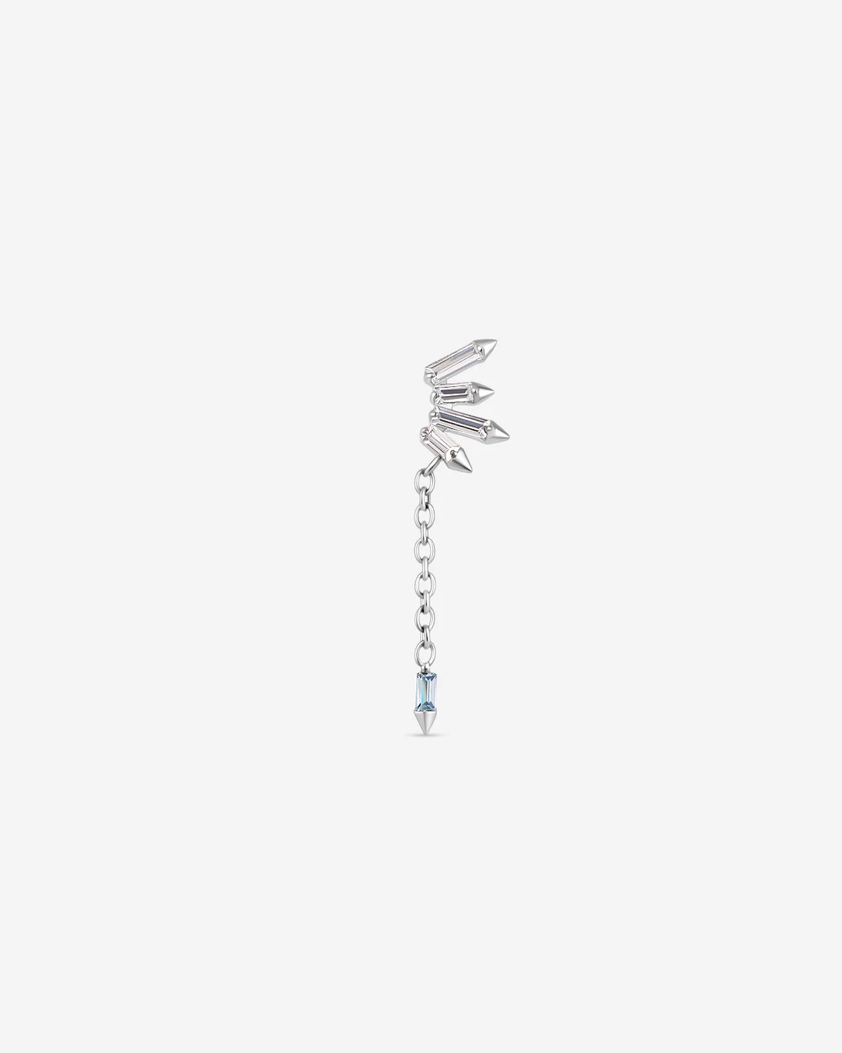 Prism Drift Flatback Stud, silver with clear stones and a pale blue chain charm, front view