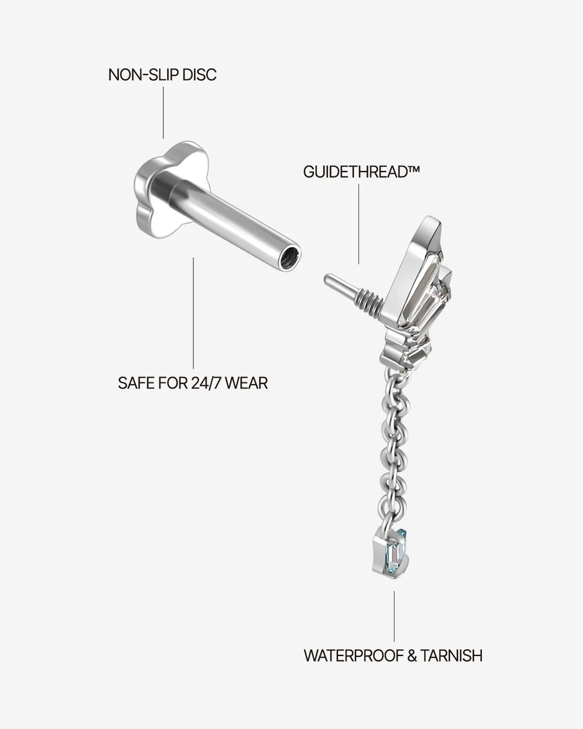 Prism Drift Flatback Stud, silver with clear stones and a pale blue chain charm, detail view