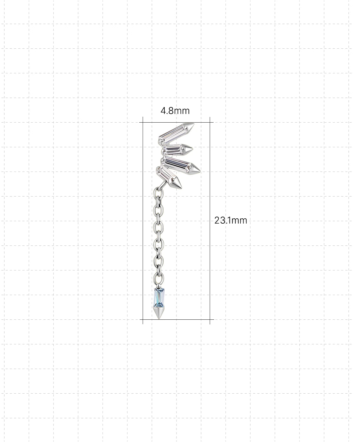 Prism Drift Flatback Stud, silver with clear stones and a pale blue chain charm, dimensions