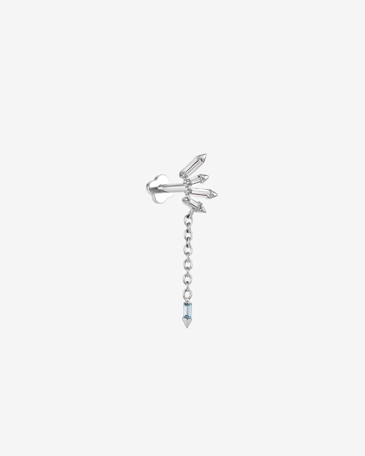 Prism Drift Flatback Stud, silver with clear stones and a pale blue chain charm, side view