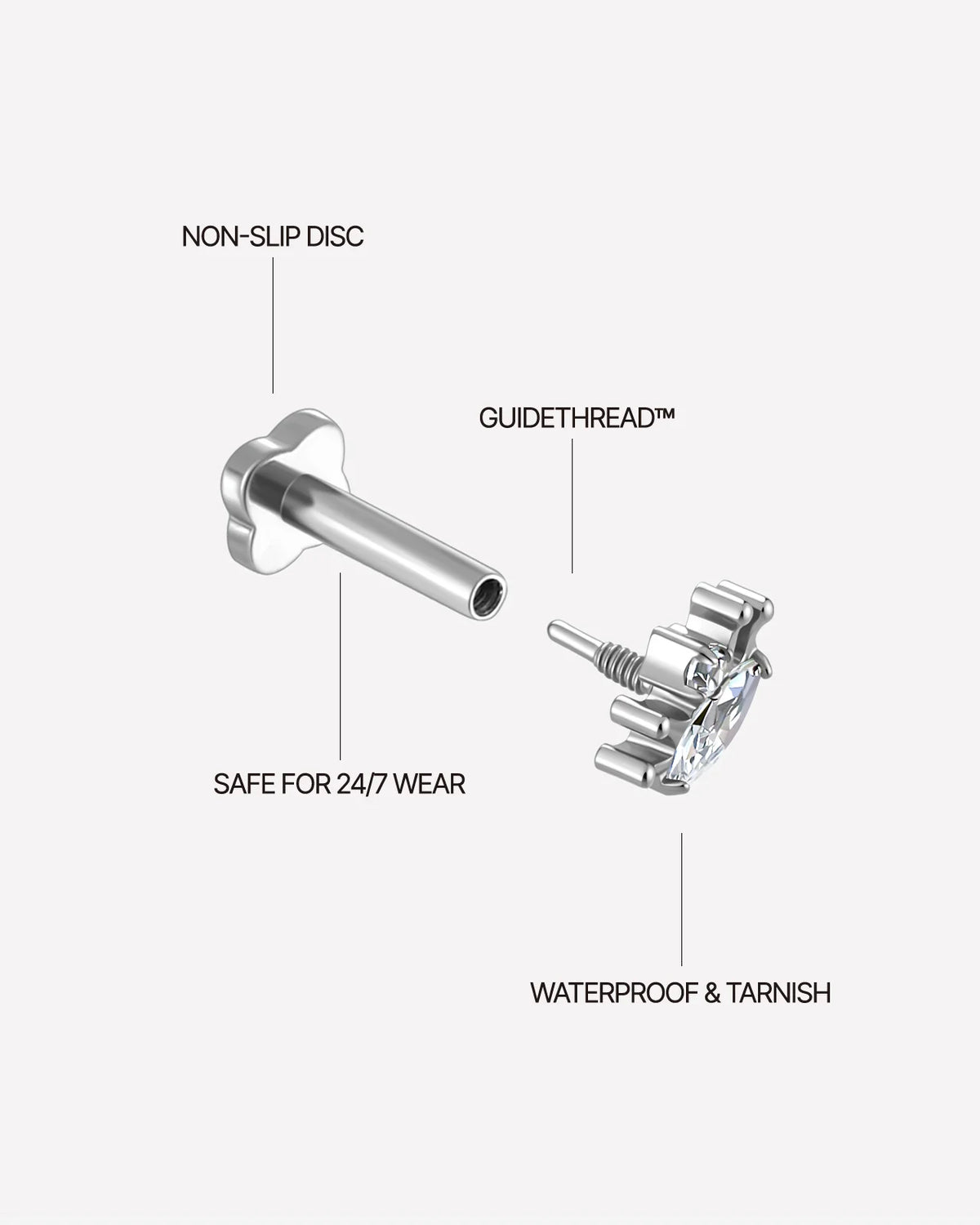 Dream Gaze Flatback Stud Silver Crystal Clear - threaded construction details