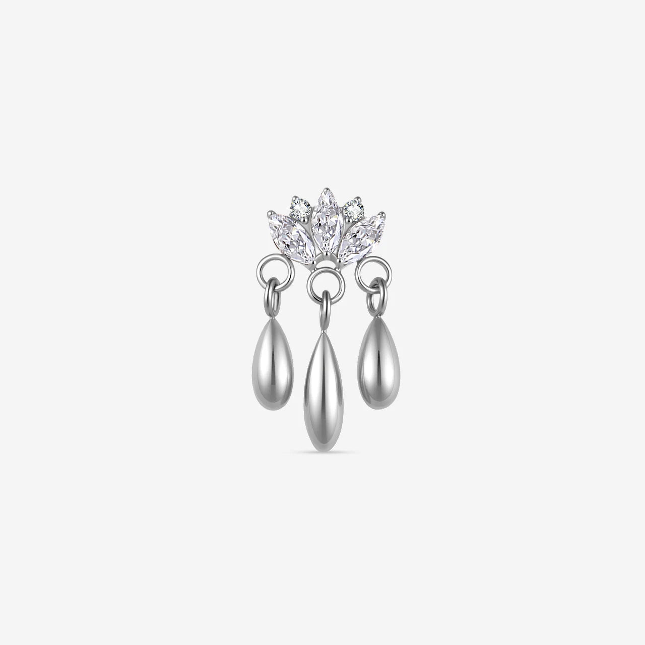 Petal Rain Flatback Stud in silver with clear cubic zirconia and three teardrop charms
