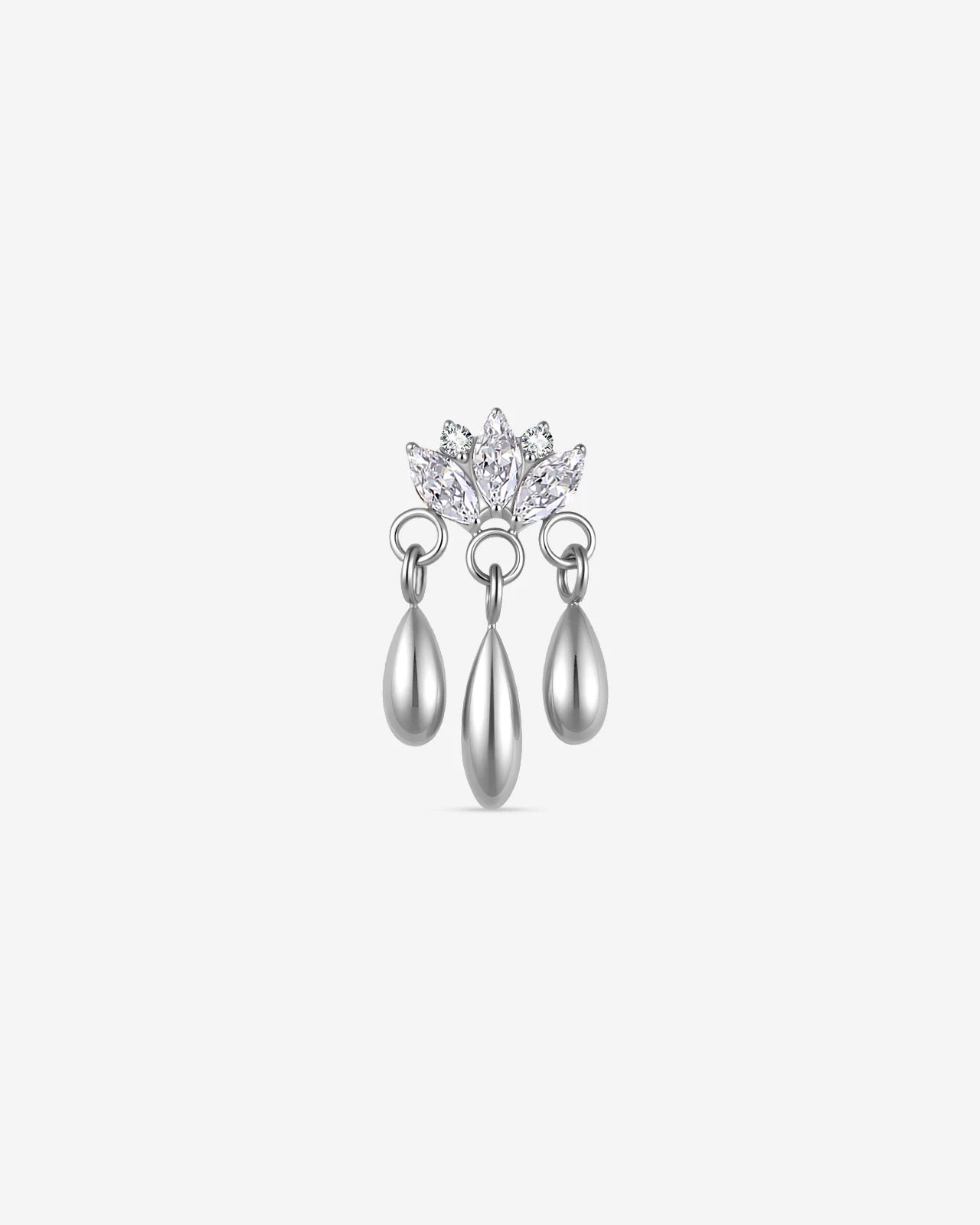 Petal Rain Flatback Stud in silver with clear cubic zirconia and three teardrop charms