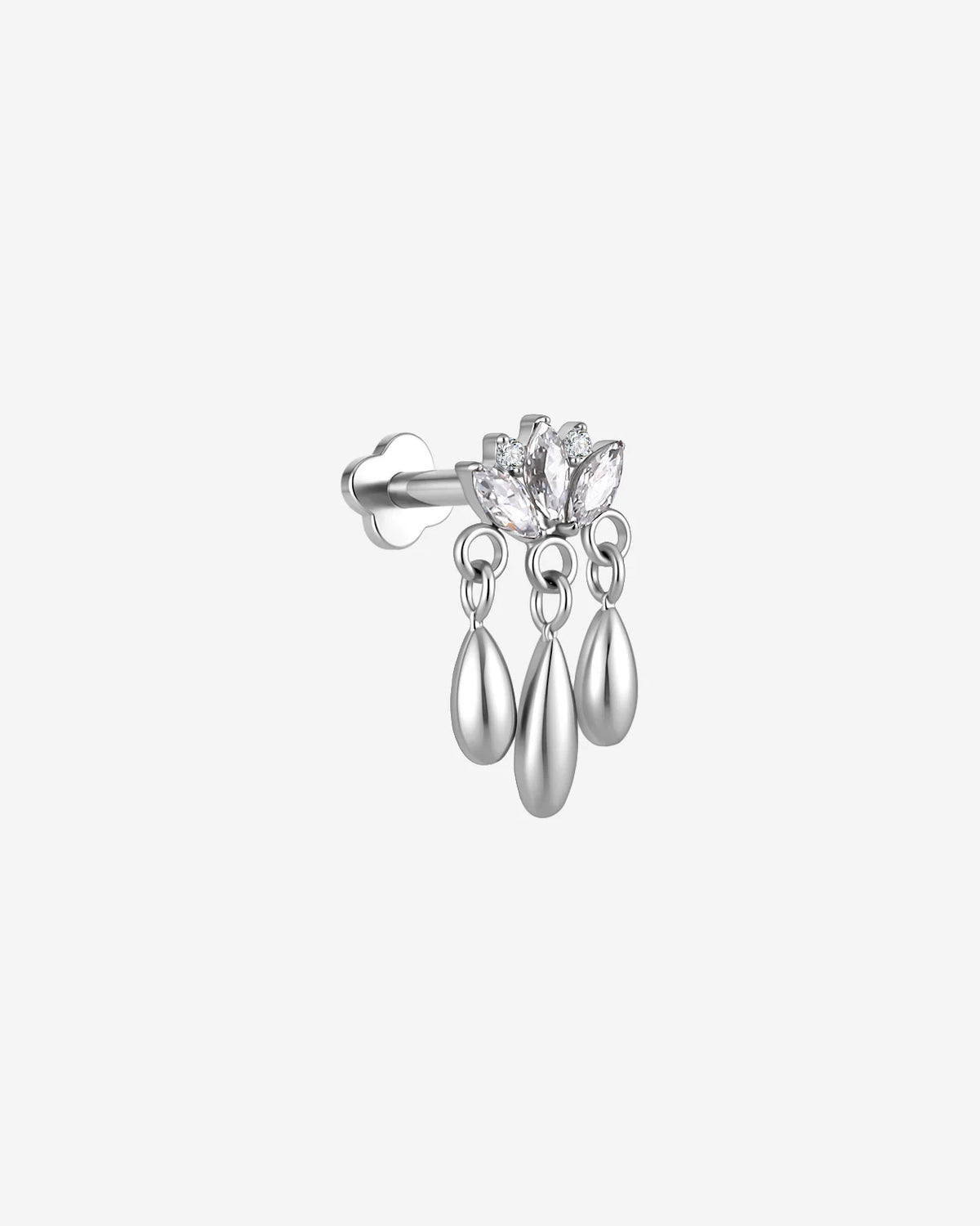 Petal Rain silver clear stone flatback stud side view and internally threaded post