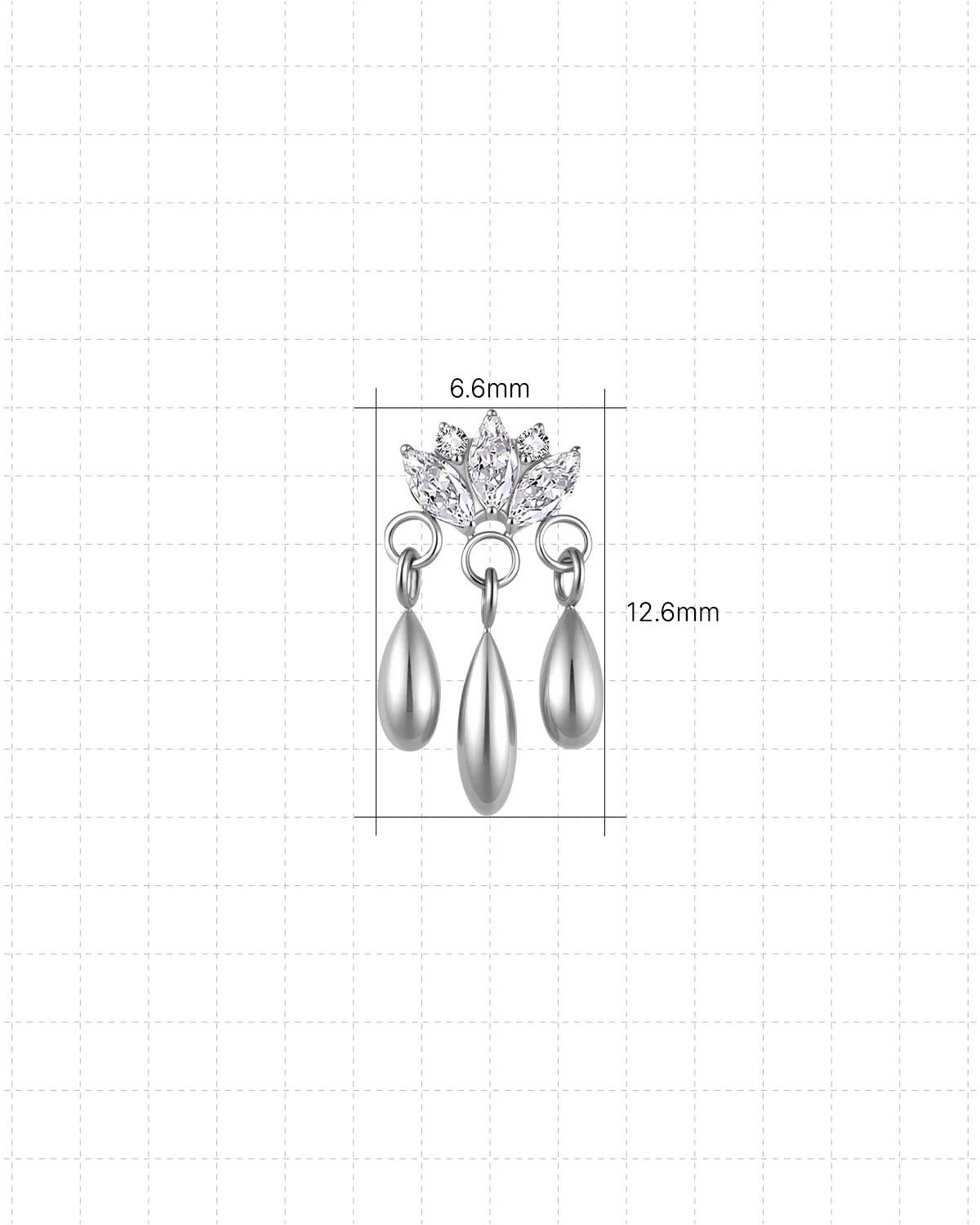 Petal Rain silver clear stone flatback stud dimensions 6.6mm wide and 12.6mm high