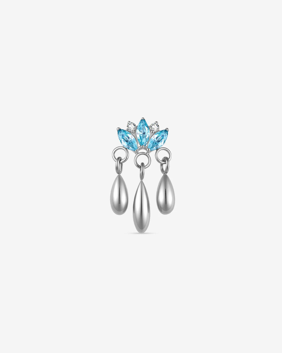Petal Rain Flatback Stud in silver with ocean blue cubic zirconia and three teardrop charms