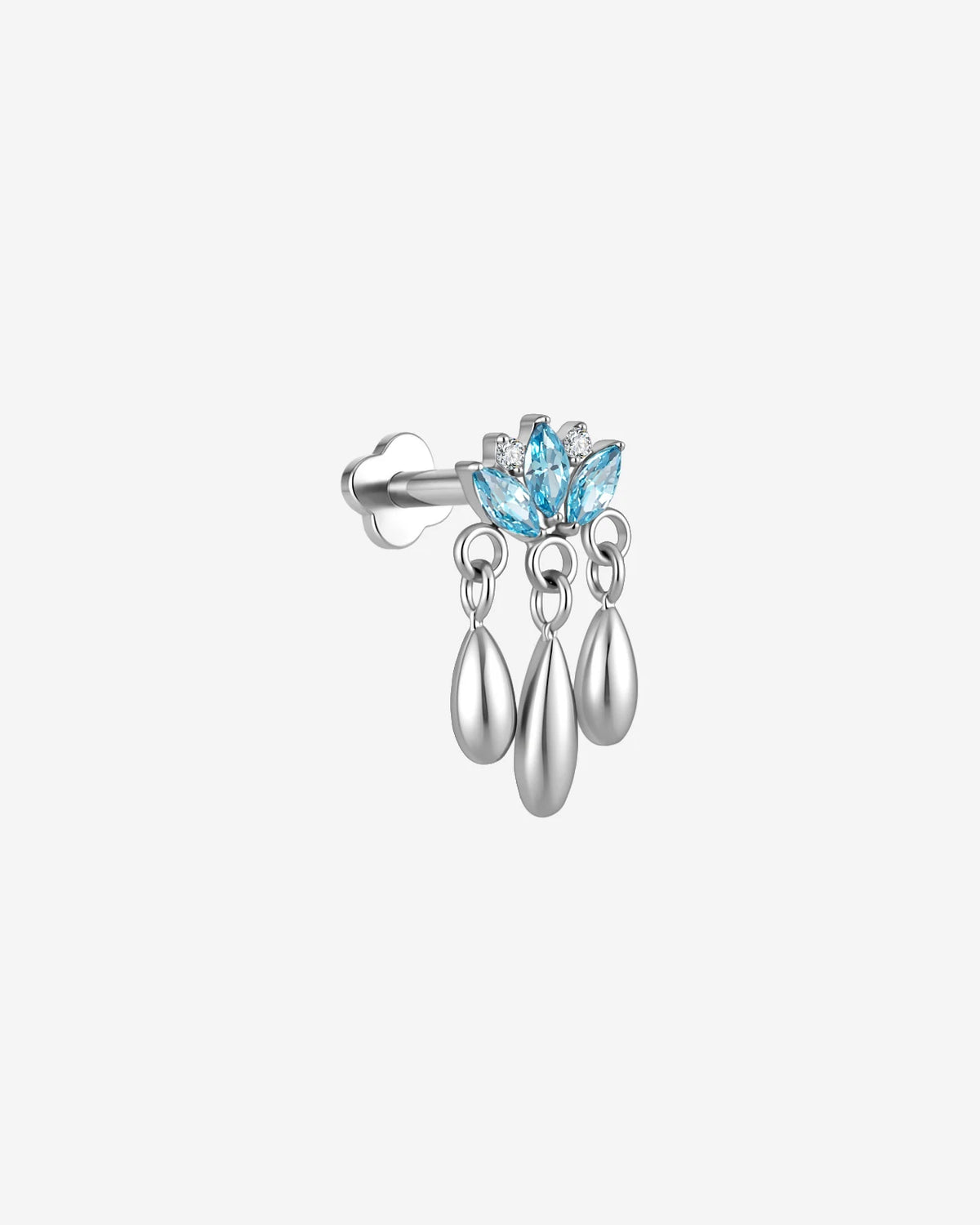 Petal Rain silver ocean blue flatback stud side view and internally threaded post