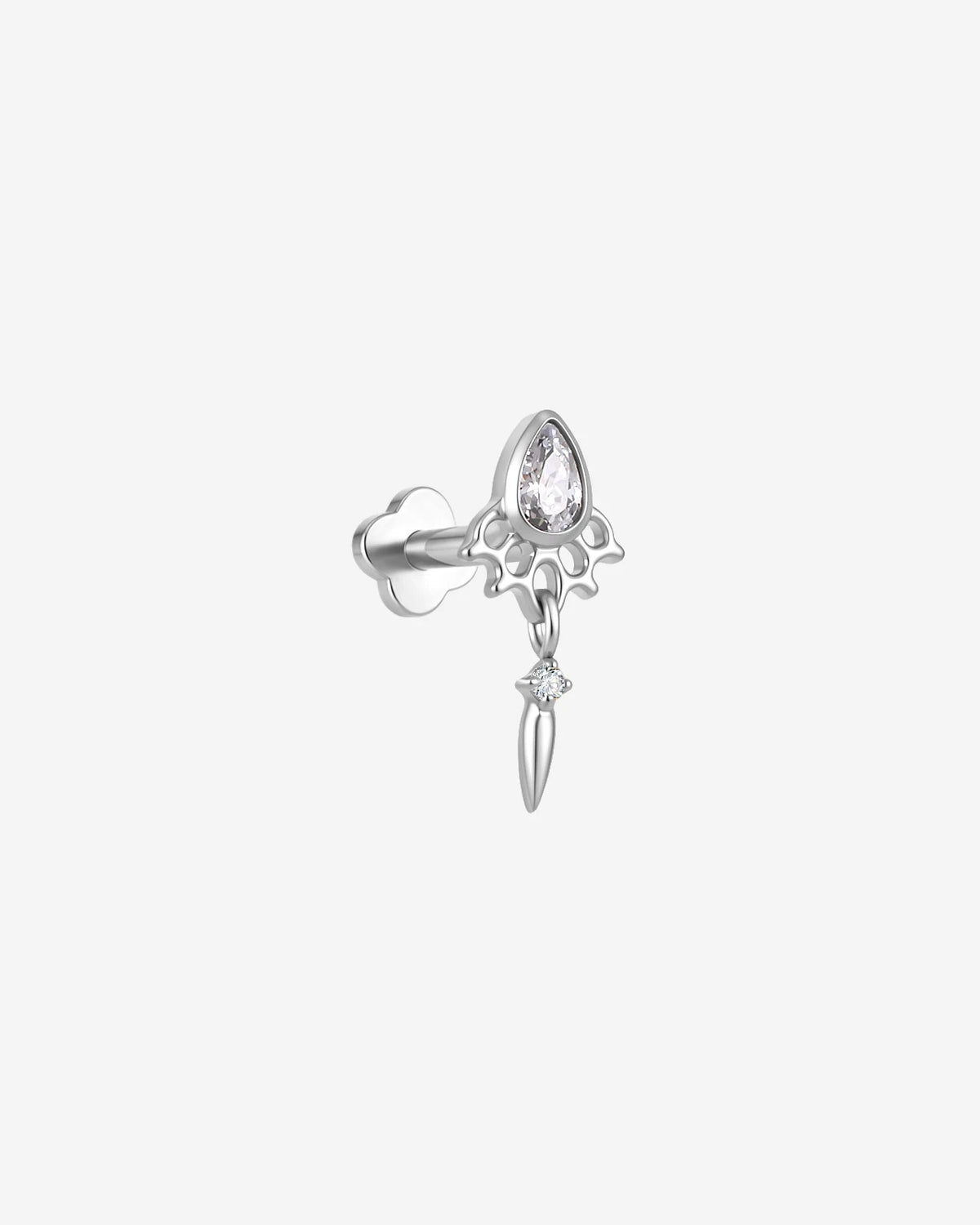 Dewdrop Sway Flatback Stud in Silver Crystal Clear, side view