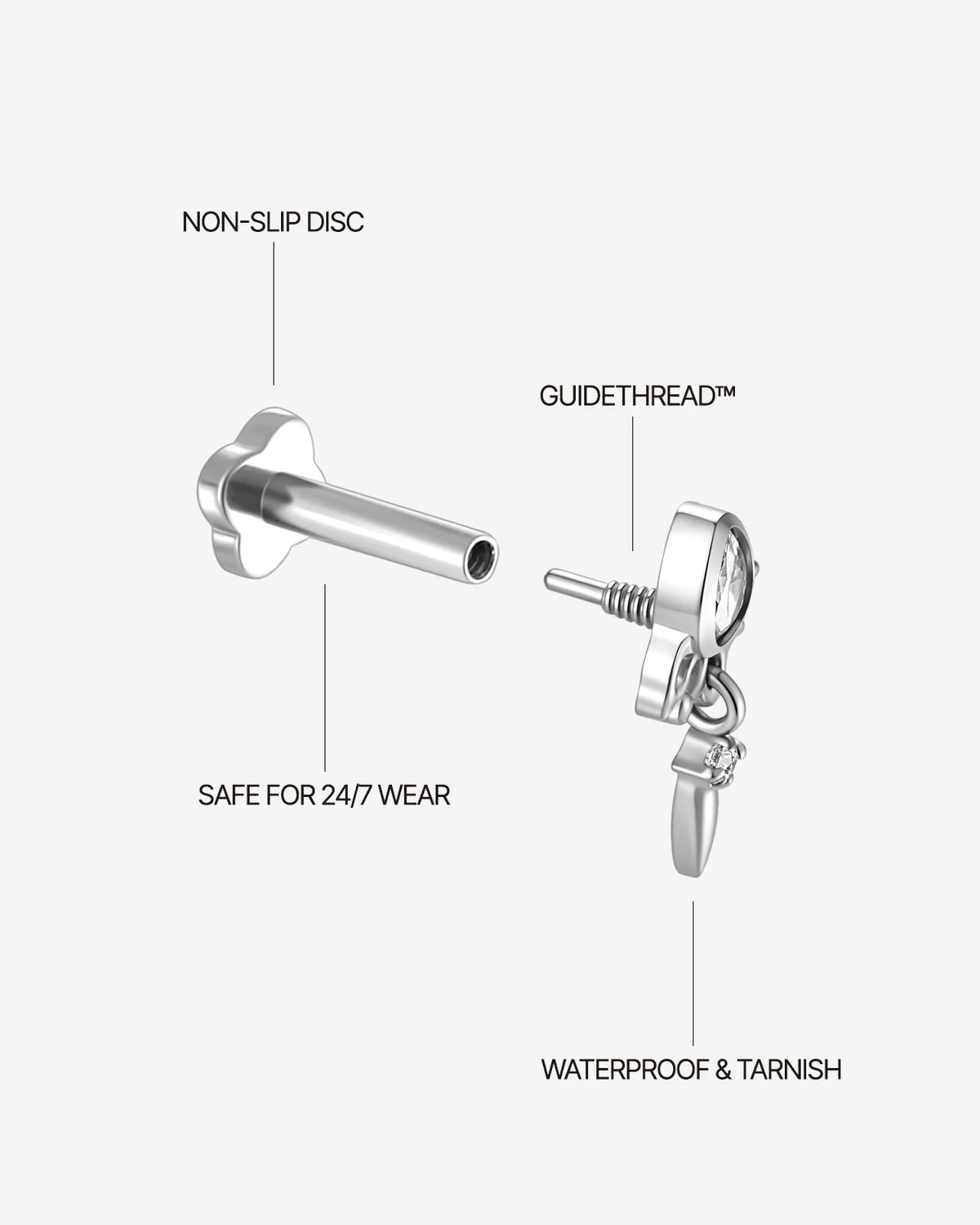 Dewdrop Sway Flatback Stud in Silver Crystal Clear, guided threaded construction
