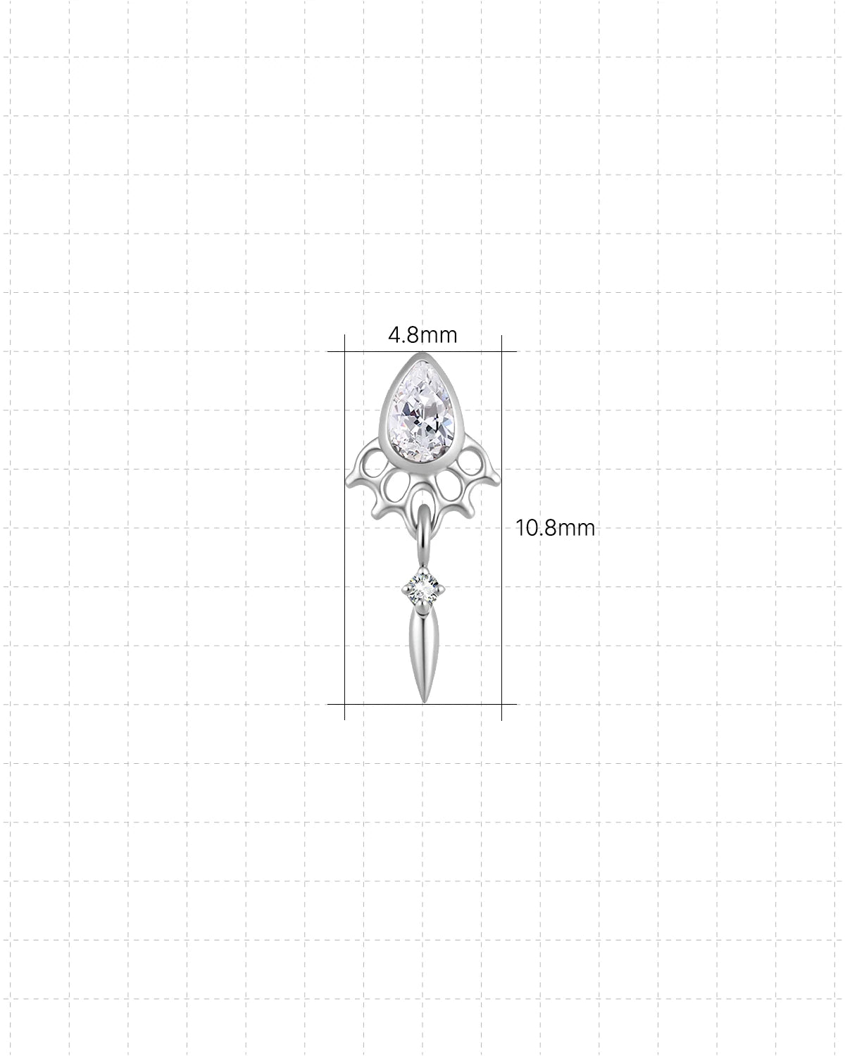 Dewdrop Sway Flatback Stud in Silver Crystal Clear, 4.8mm by 10.8mm dimensions