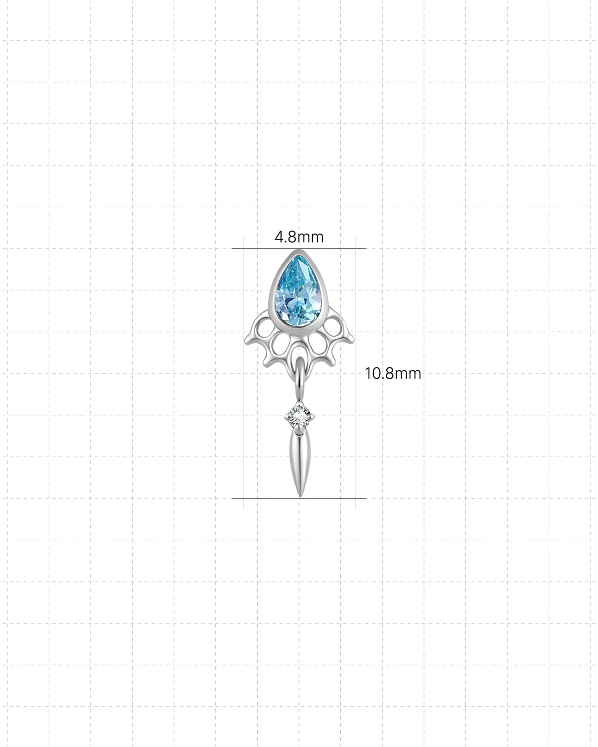 Dewdrop Sway Flatback Stud in Silver Ocean Mist, 4.8mm by 10.8mm dimensions