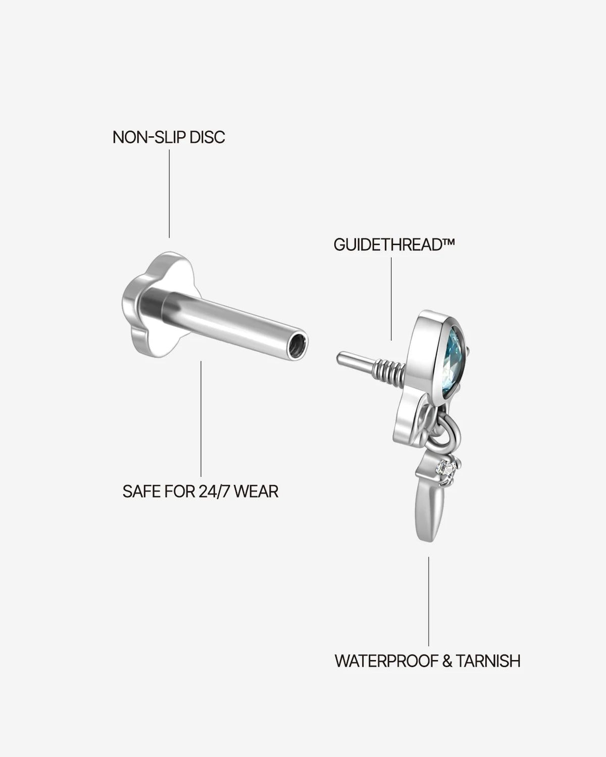 Dewdrop Sway Flatback Stud in Silver Ocean Mist, guided threaded construction