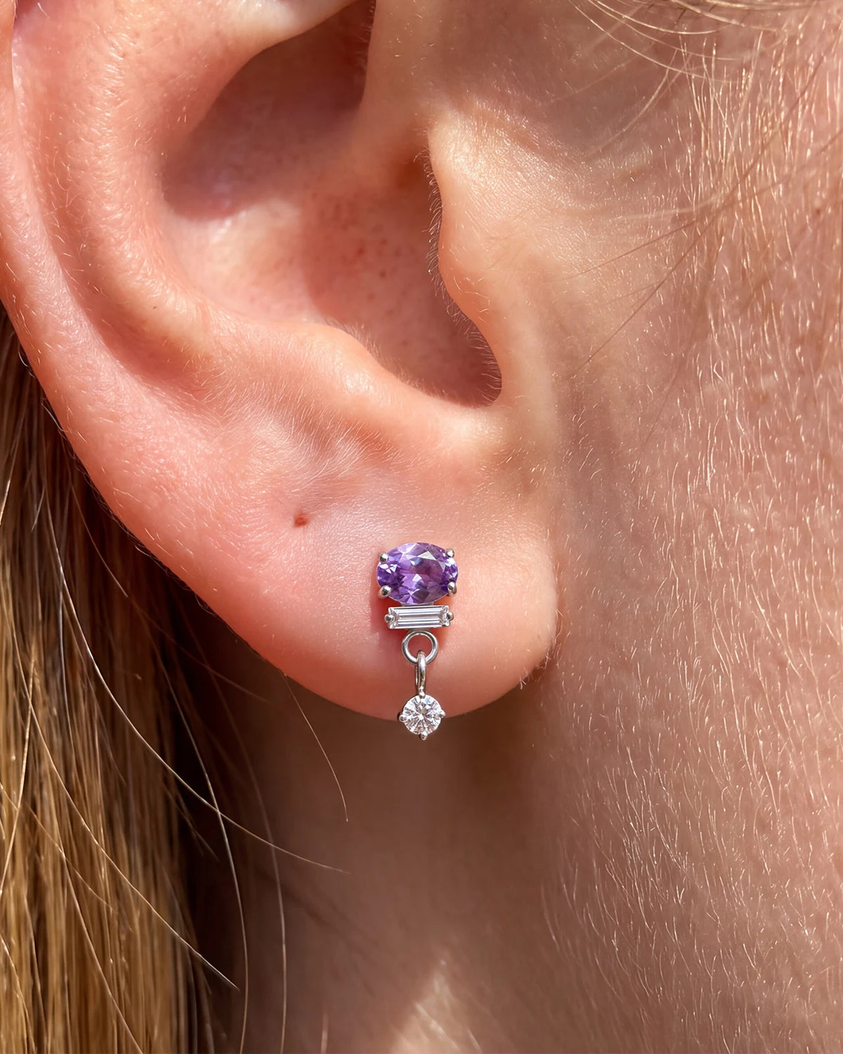 Gleam Cascade Flatback Stud in Silver Violet, lobe styling