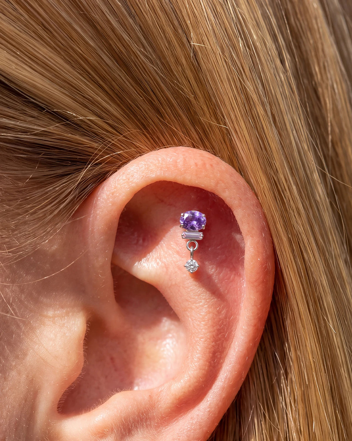 Gleam Cascade Flatback Stud in Silver Violet, helix styling