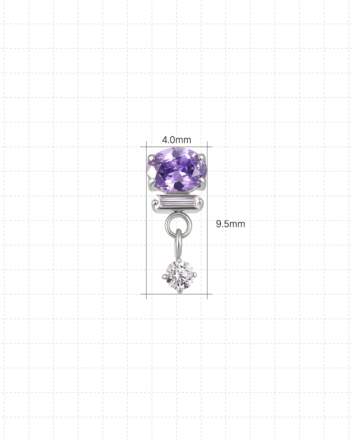 Gleam Cascade Flatback Stud in Silver Violet, 4.0mm by 9.5mm dimensions
