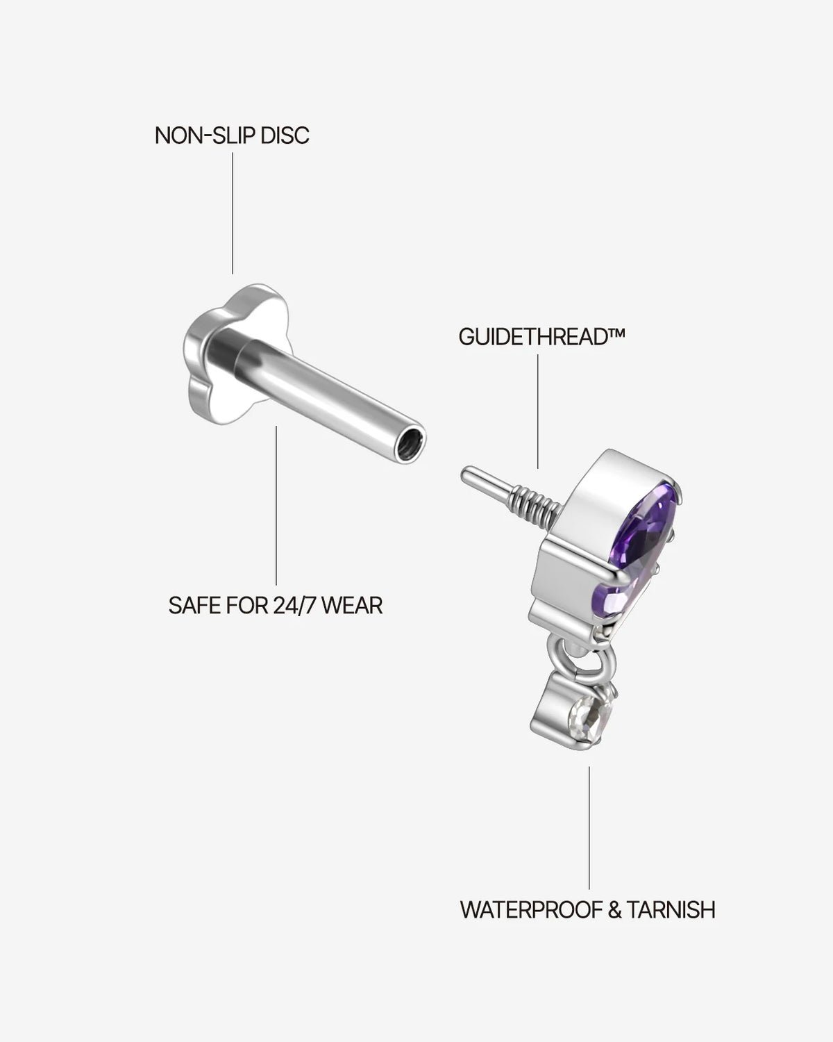 Gleam Cascade Flatback Stud in Silver Violet, guided threaded construction