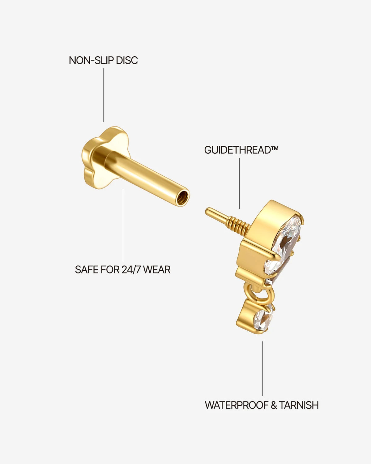 Gleam Cascade Flatback Stud in Gold Clear, guided threaded construction