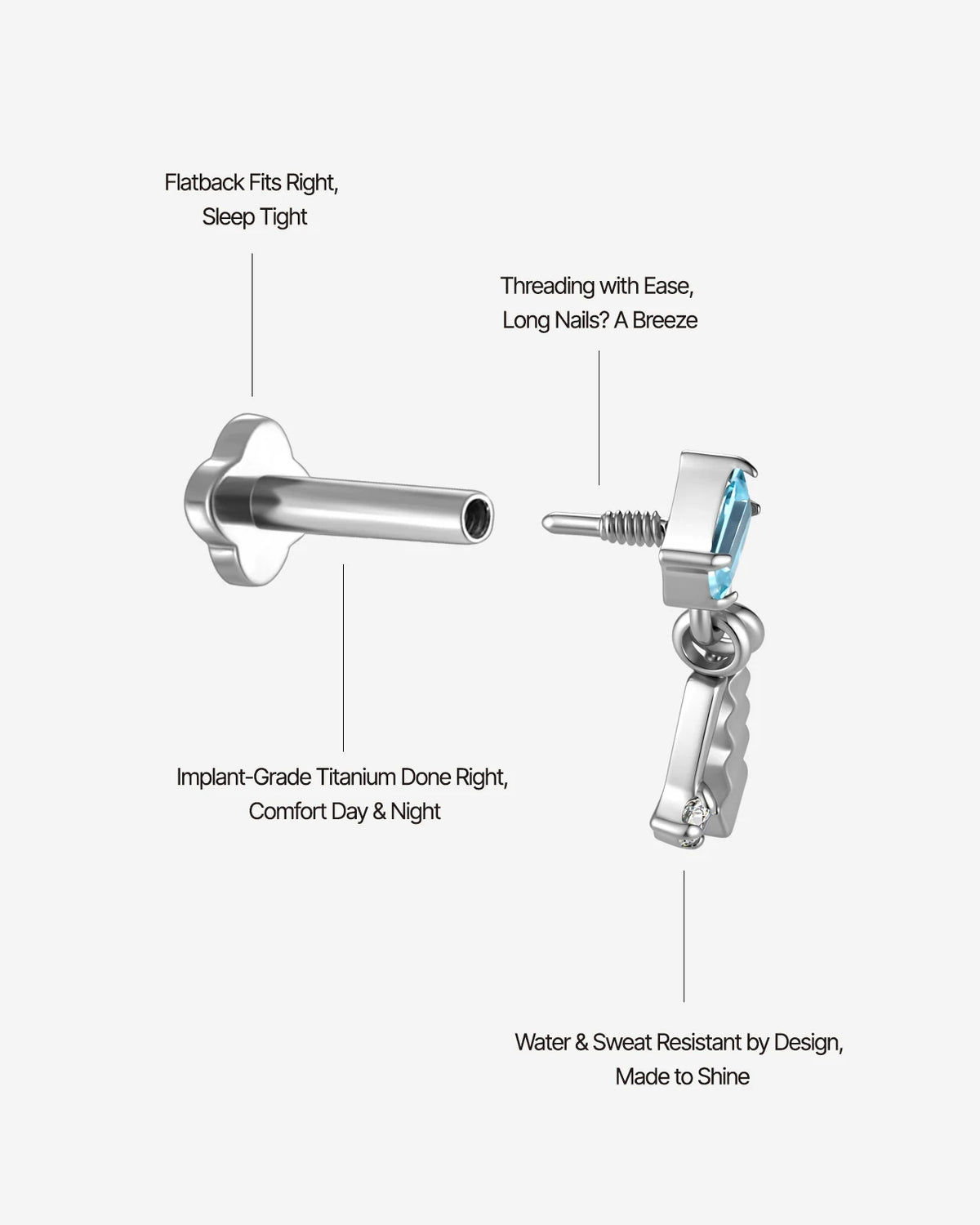 Prism Sway Flatback Stud in Silver Ocean Mist, guided threaded construction