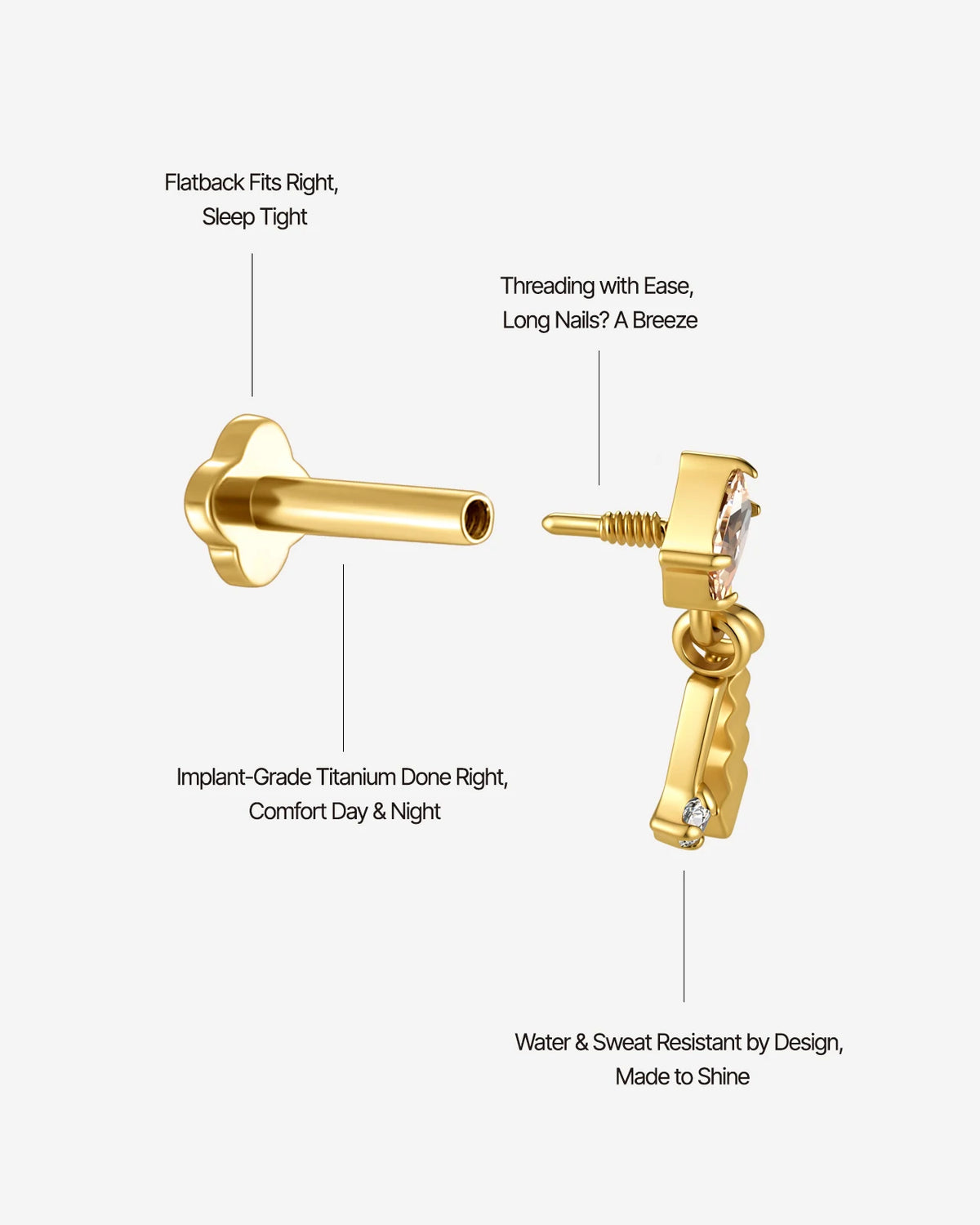 Prism Sway Flatback Stud in Gold Champagne Glow, guided threaded construction