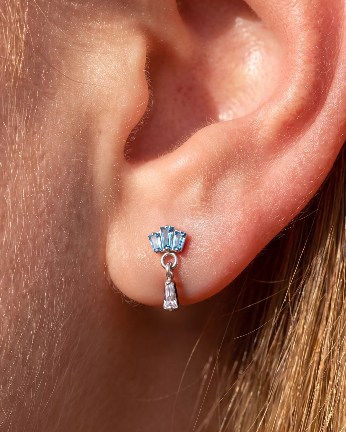 Crown Glimmer Flatback Stud in Silver Ocean Mist, lobe styling