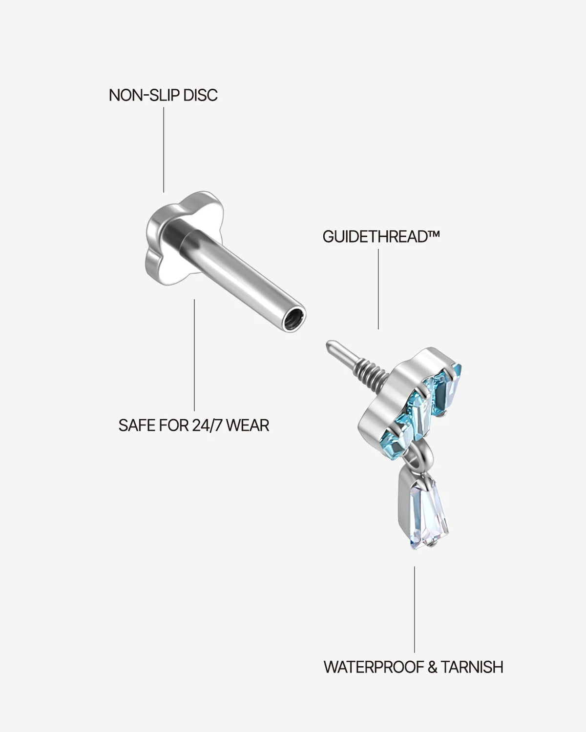 Crown Glimmer Flatback Stud in Silver Ocean Mist, guided threaded construction