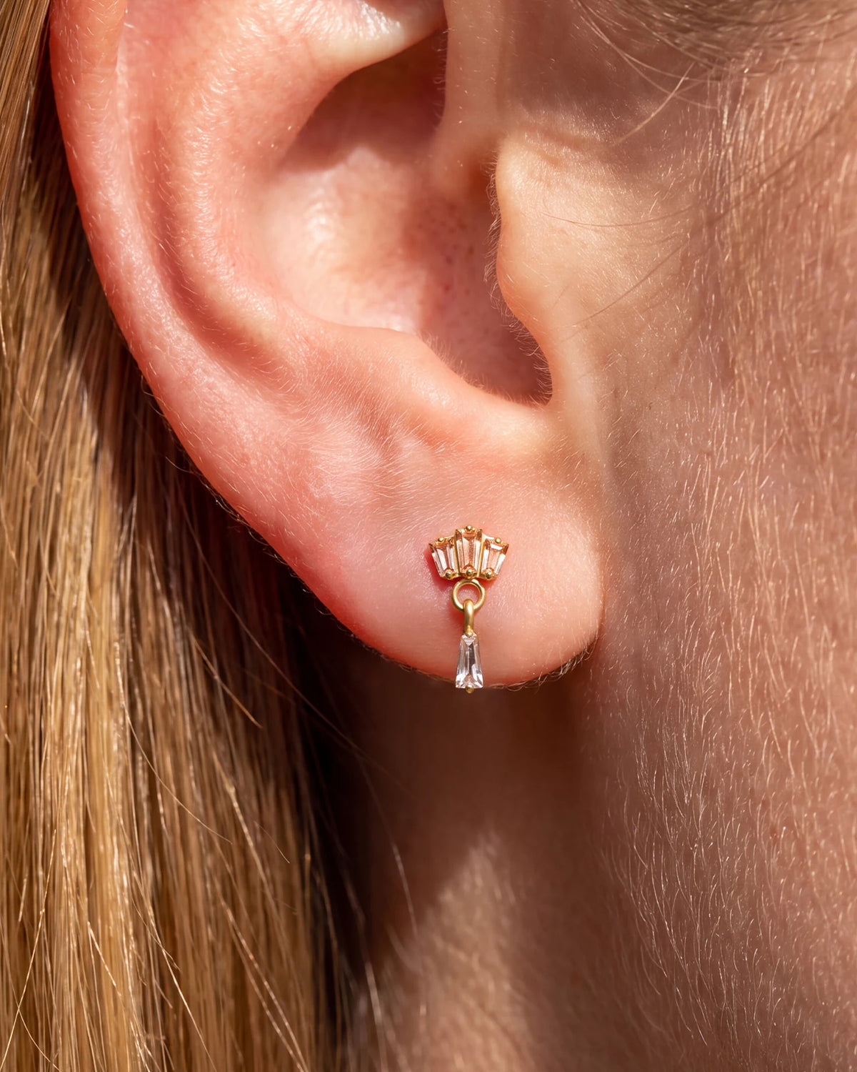 Crown Glimmer Flatback Stud in Gold Champagne Glow, lobe styling