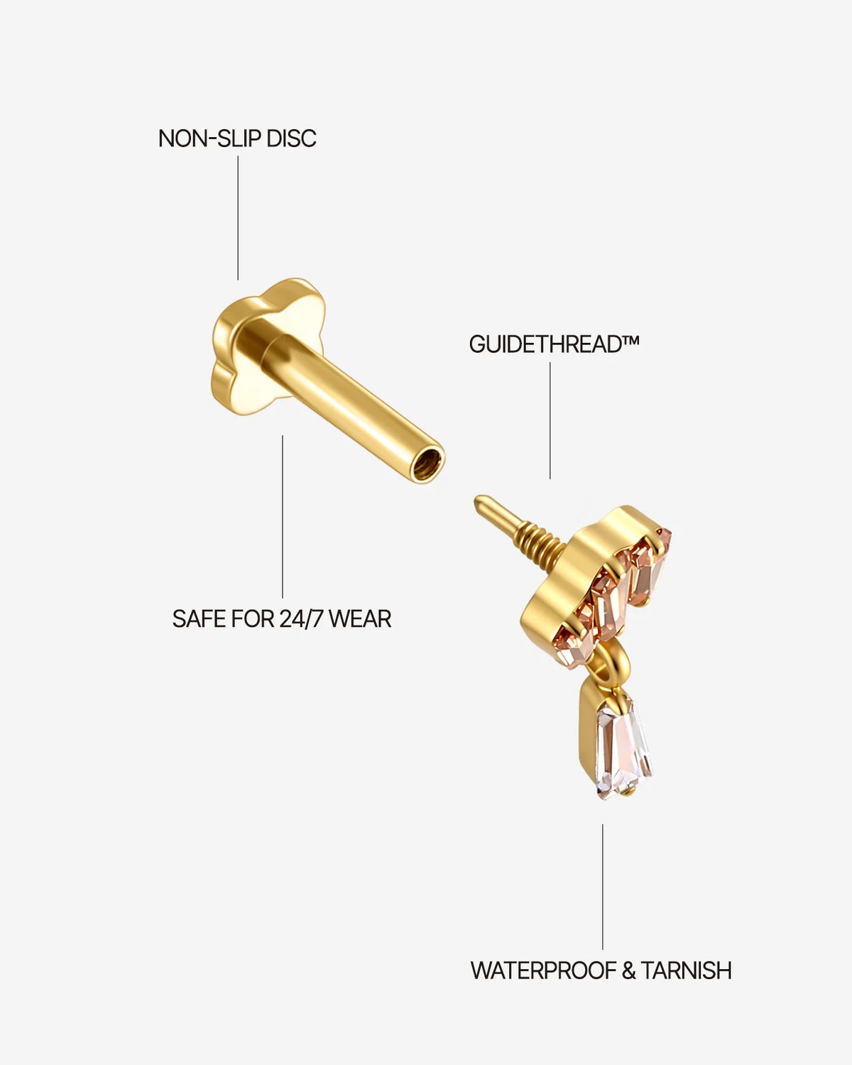 Crown Glimmer Flatback Stud in Gold Champagne Glow, guided threaded construction