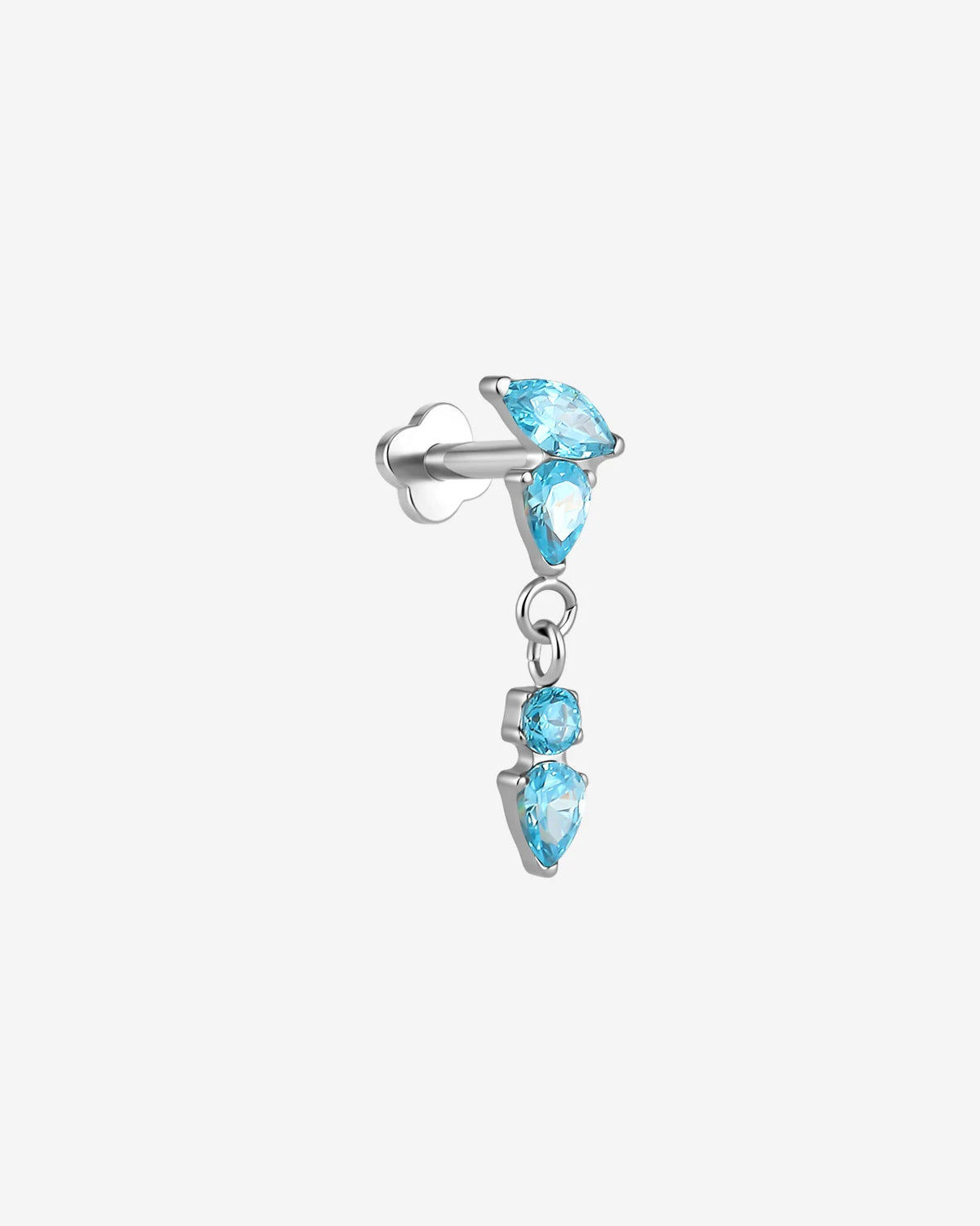 Dewfall Flatback Stud, silver with blue cubic zirconia, side view