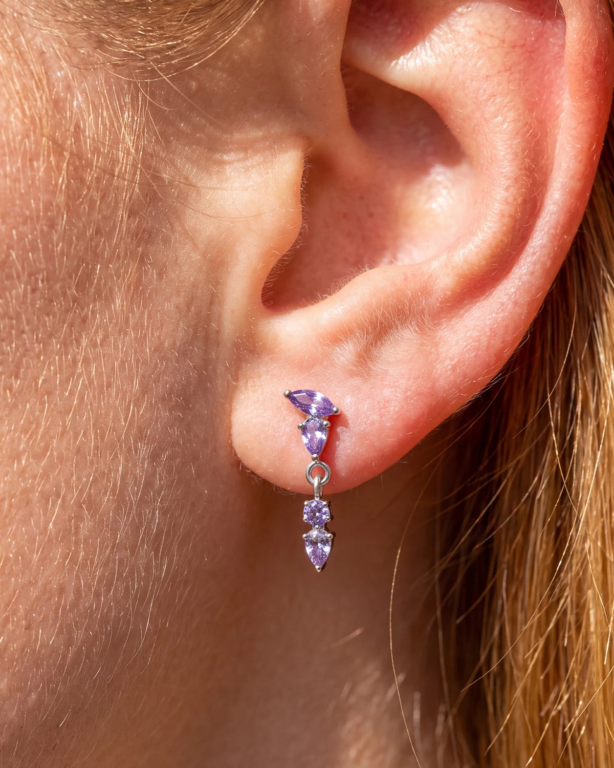Dewfall Flatback Stud, silver with violet cubic zirconia, on-ear styling