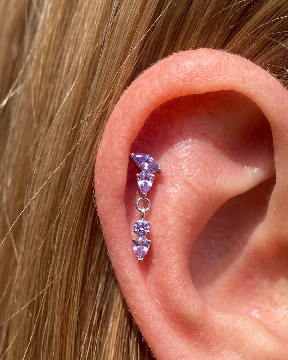 Dewfall Flatback Stud, silver with violet cubic zirconia, on-ear styling