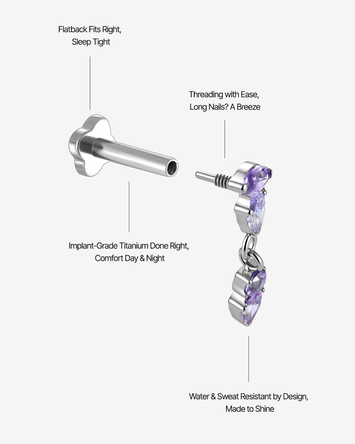 Dewfall Flatback Stud, silver with violet cubic zirconia, internally threaded construction