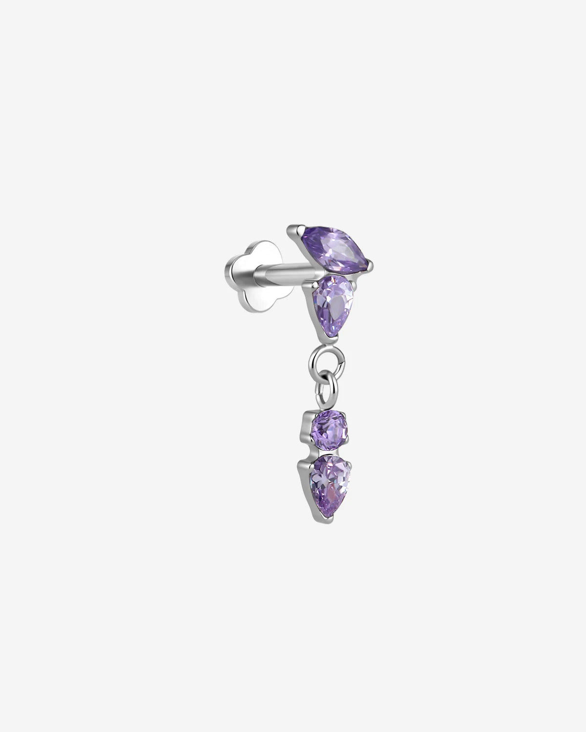 Dewfall Flatback Stud, silver with violet cubic zirconia, side view