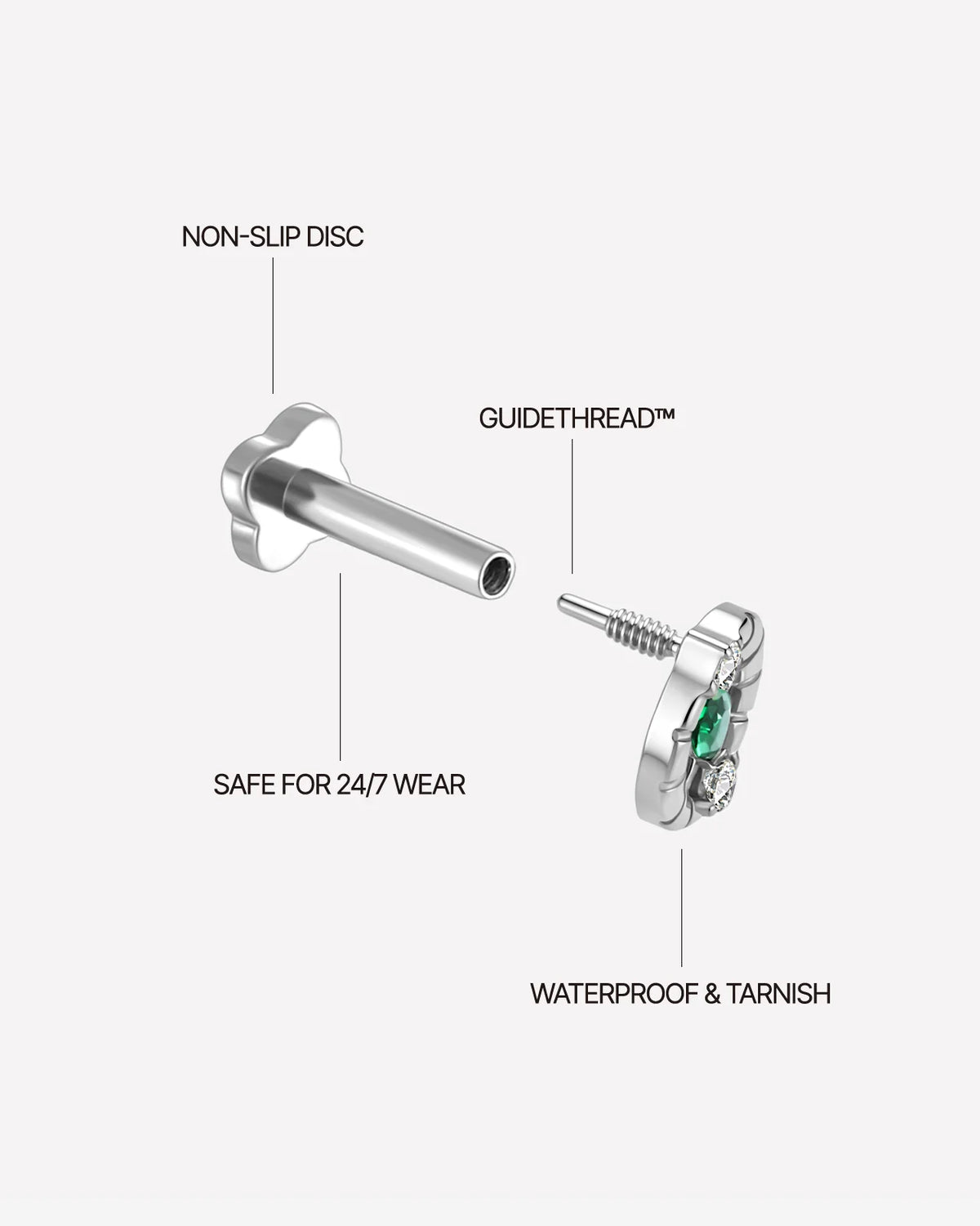 Luminous Halo Flatback Stud Silver Emerald Green - threaded construction details