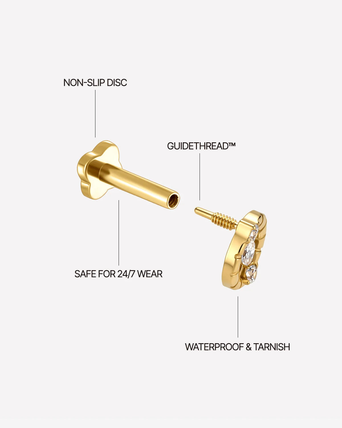 Luminous Halo Flatback Stud Gold Crystal Clear - threaded construction details