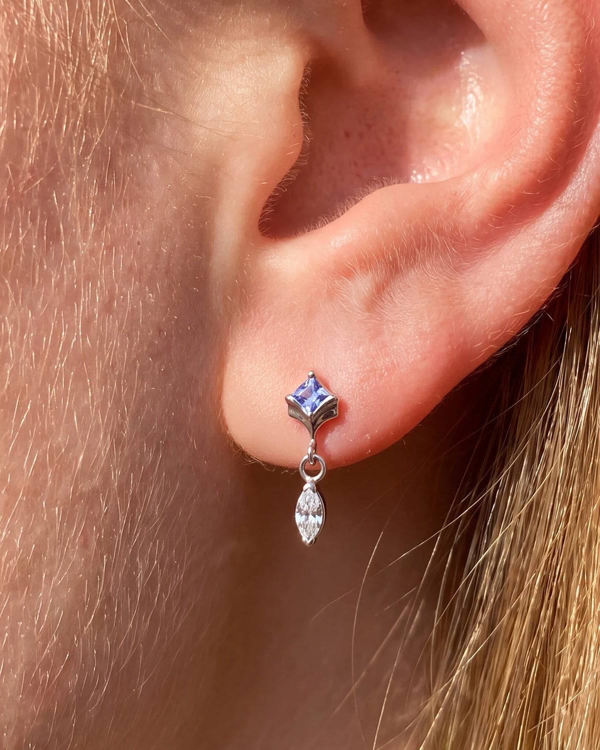 Petal Gleam Flatback Stud in Silver Twilight Tanzanite, lobe styling