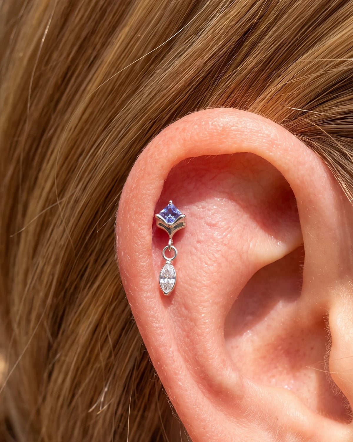 Petal Gleam Flatback Stud in Silver Twilight Tanzanite, helix styling