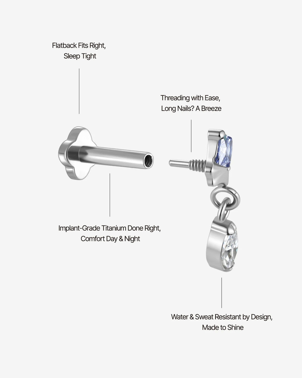 Petal Gleam Flatback Stud in Silver Twilight Tanzanite, threaded construction