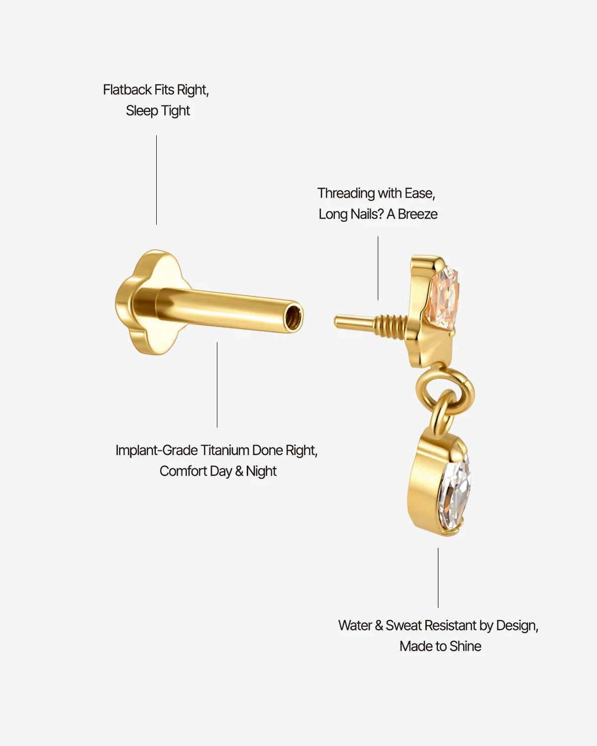 Petal Gleam Flatback Stud in Gold Champagne Glow, threaded construction