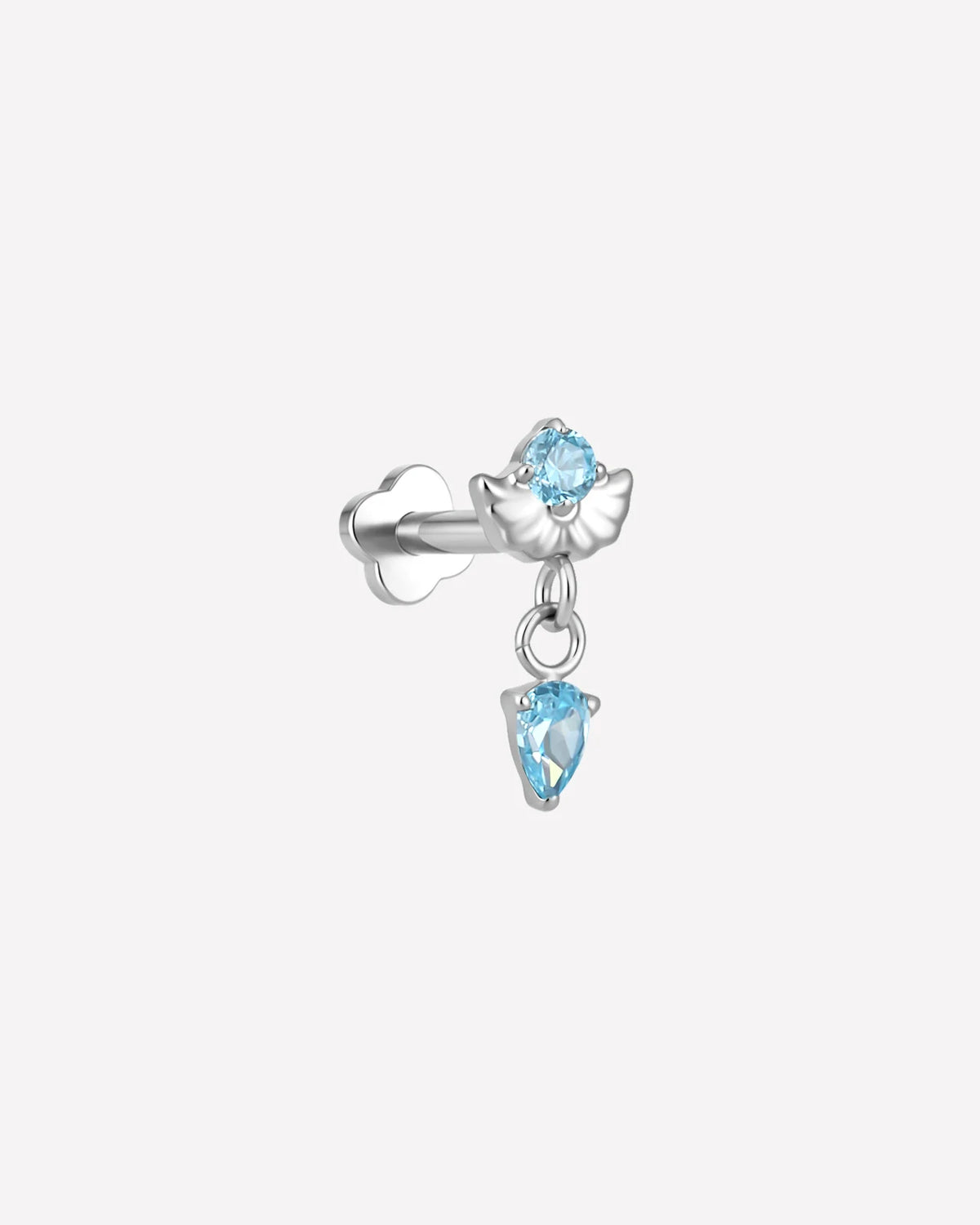 Deco Dew Flatback Stud, silver with blue cubic zirconia, detail view