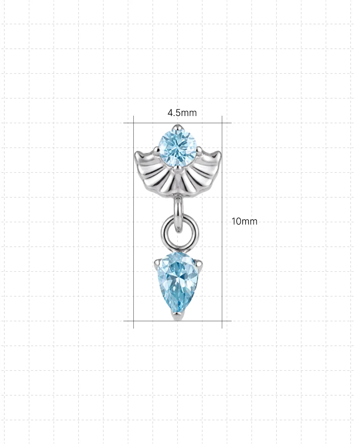 Deco Dew Flatback Stud, silver with blue cubic zirconia, dimensions