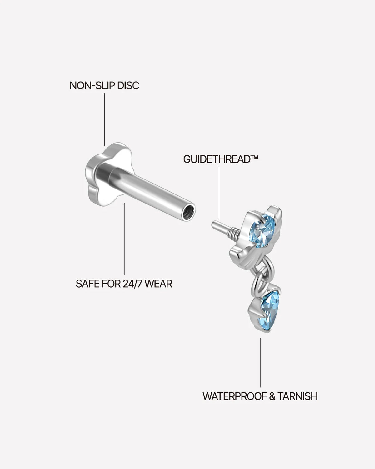 Deco Dew Flatback Stud, silver with blue cubic zirconia, detail view