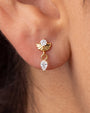 Deco Dew Flatback Stud, gold with clear cubic zirconia, on-ear styling
