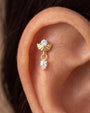 Deco Dew Flatback Stud, gold with clear cubic zirconia, on-ear styling