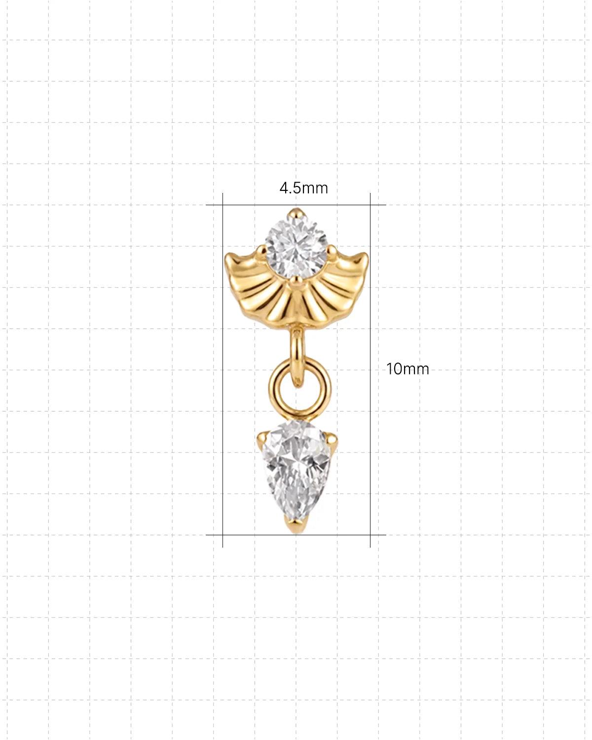 Deco Dew Flatback Stud, gold with clear cubic zirconia, dimensions