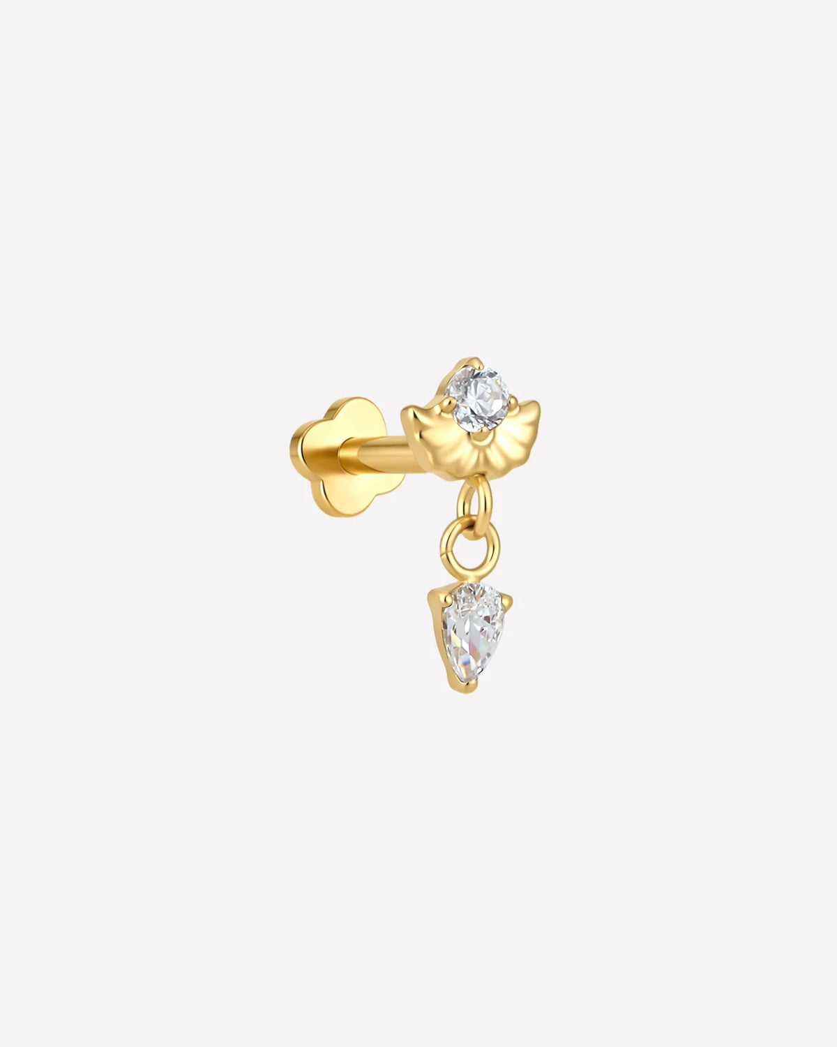 Deco Dew Flatback Stud, gold with clear cubic zirconia, detail view