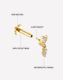 Deco Dew Flatback Stud, gold with clear cubic zirconia, detail view