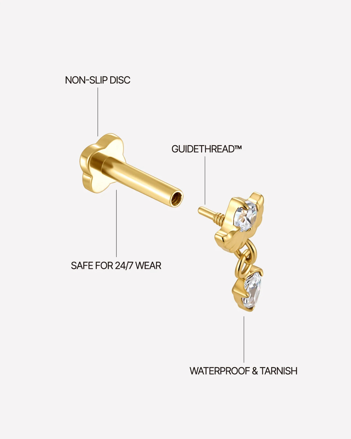 Deco Dew Flatback Stud, gold with clear cubic zirconia, detail view