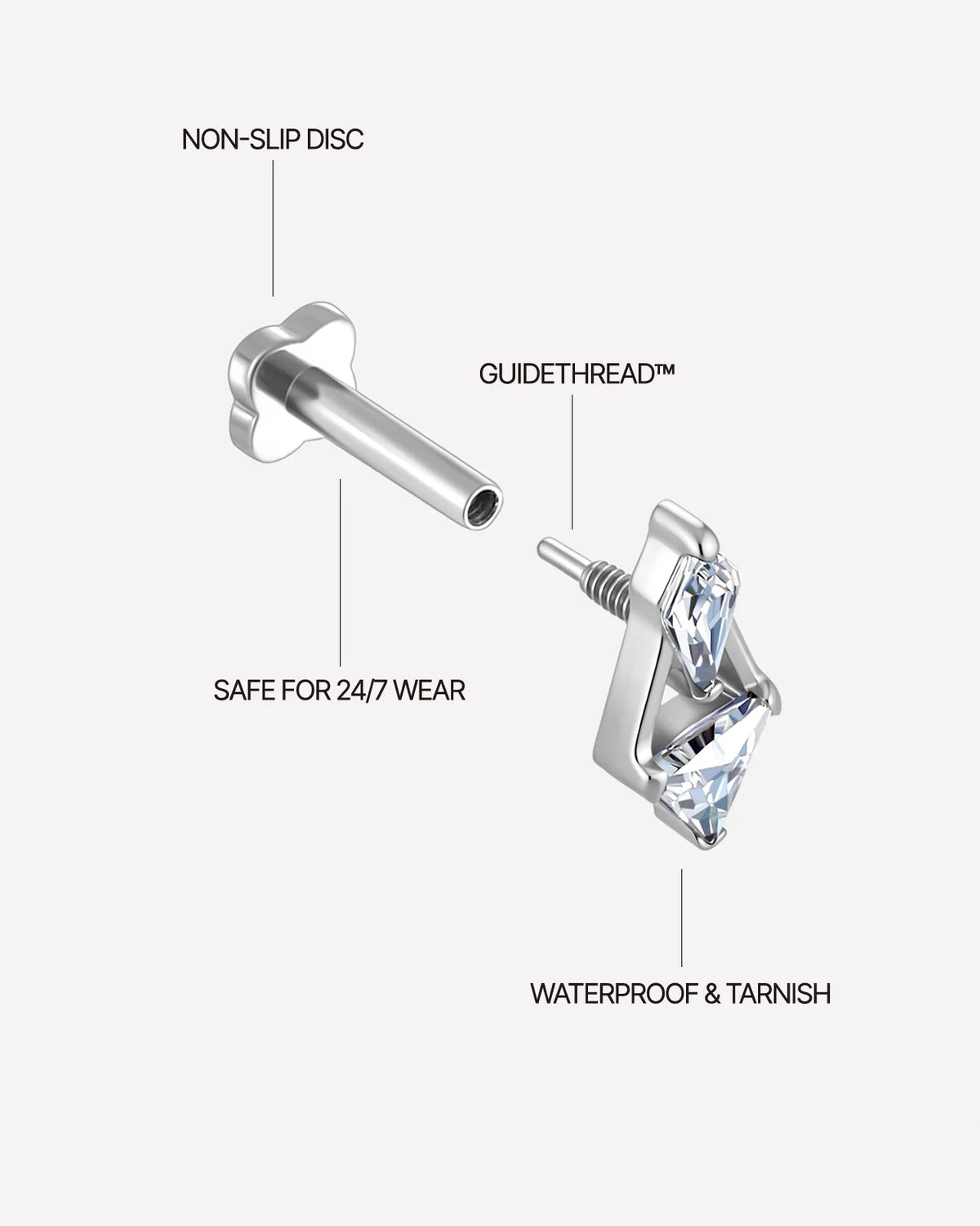 Prism Echo Flatback Stud Silver Crystal Clear - threaded construction details