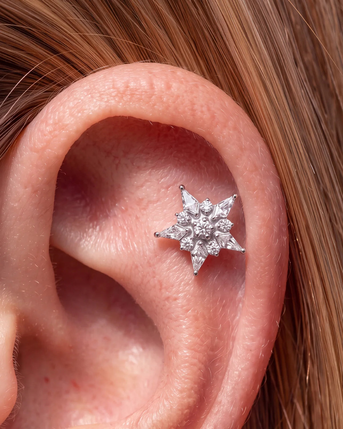 Stellar Bloom Flatback Stud Silver Crystal Clear - flat piercing styling