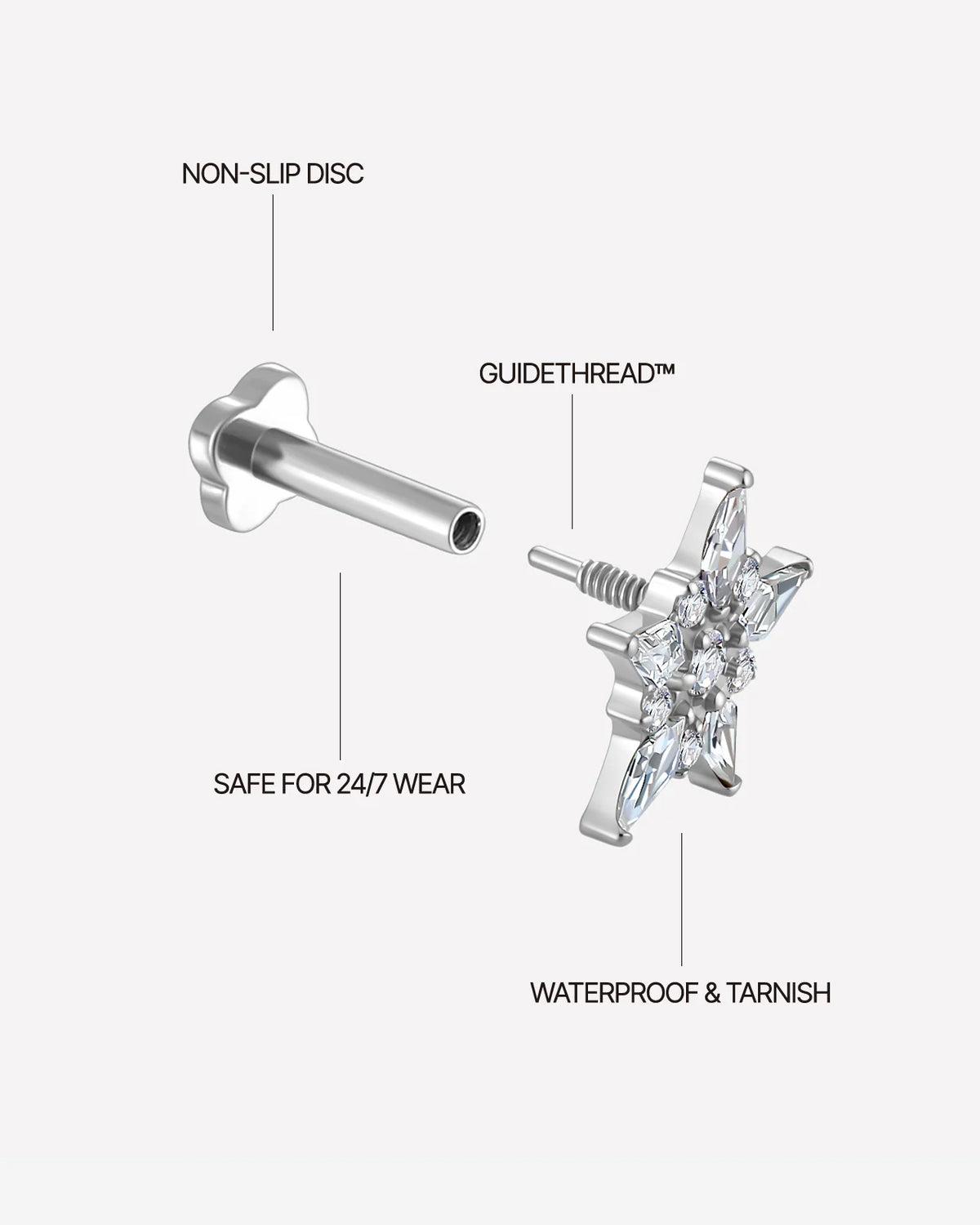 Stellar Bloom Flatback Stud Silver Crystal Clear - threaded construction details